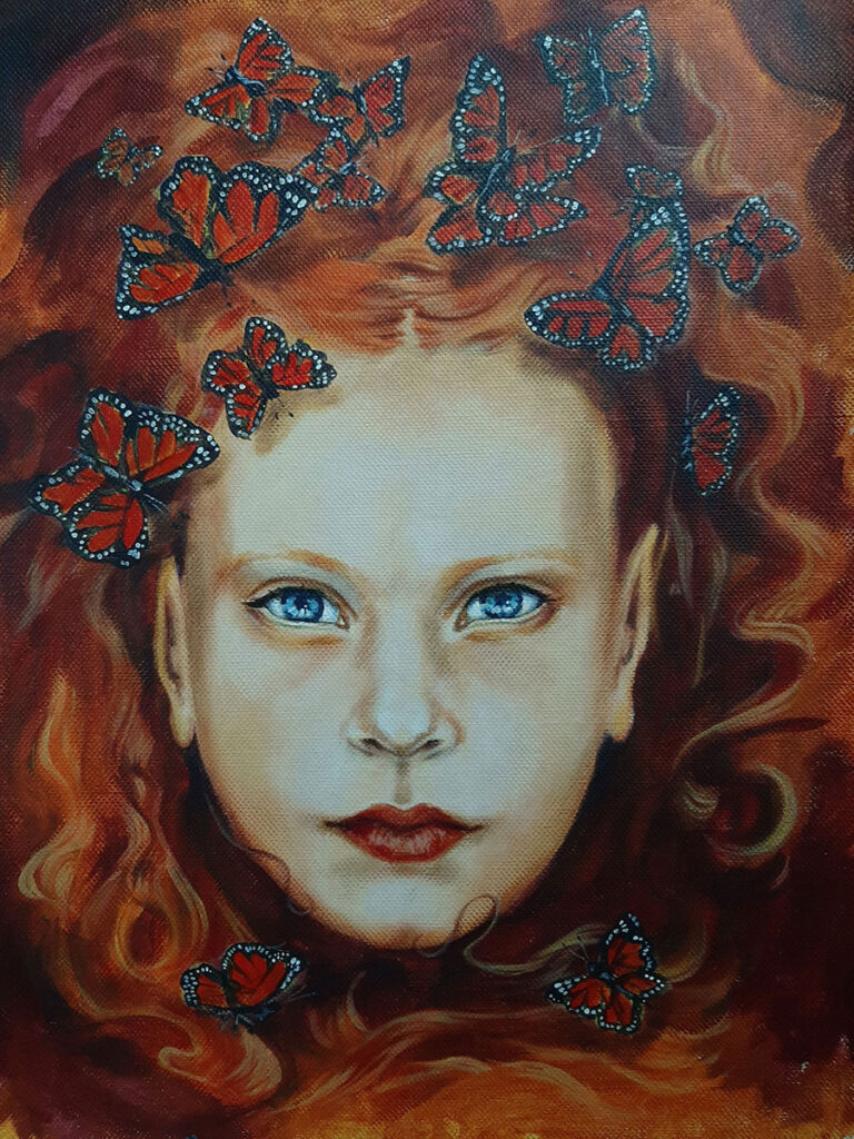 Finition de la chevelure décorée de jolies papillons rouges, l'enfant sauvage à la crinière de lionne, rousse avec ses grands yeux azur vous offre son monde. Oserez-vous vous approchez d'elle ?