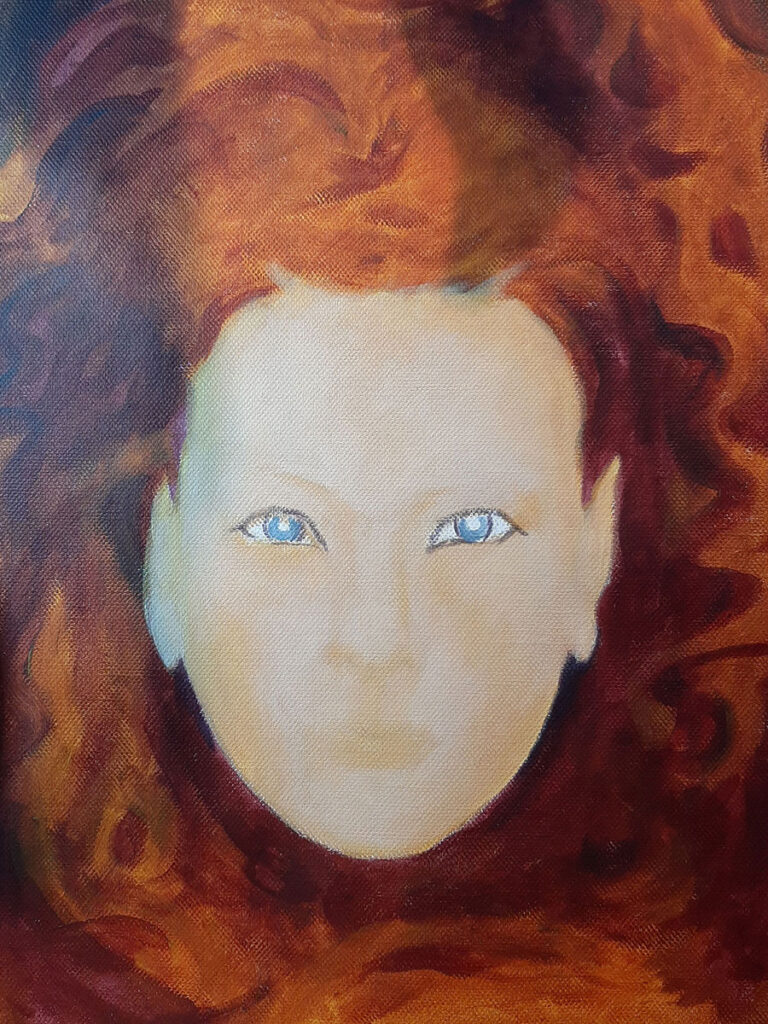 Début de peinture, positionnement de la chair et de la chevelure représentant l'enfant sauvage à la chevelure de lionne, rousse avec ses grands yeux azur. Son regard vous invite à la suivre mais sa bouche aux lèvres colorées vous impose le silence.