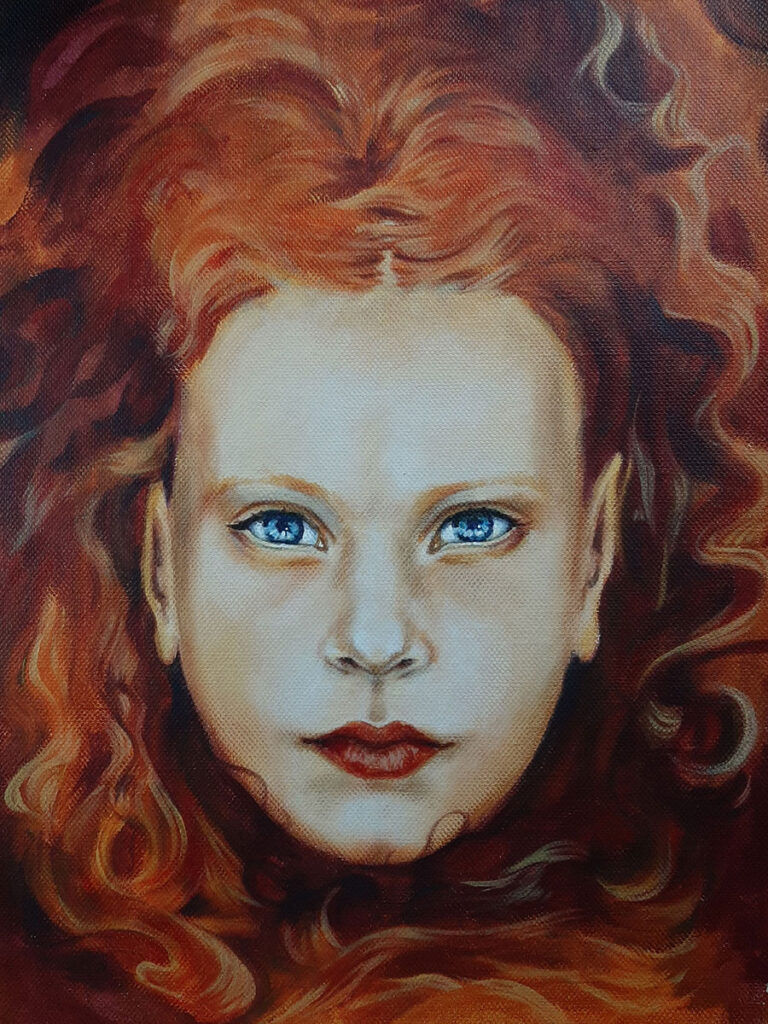 Colorisation de la chair et de la chevelure représentant l'enfant sauvage à la crinière de lionne, rousse avec ses grands yeux azur. Son regard vous invite à la suivre mais sa bouche, aux lèvres colorées, vous impose le silence.