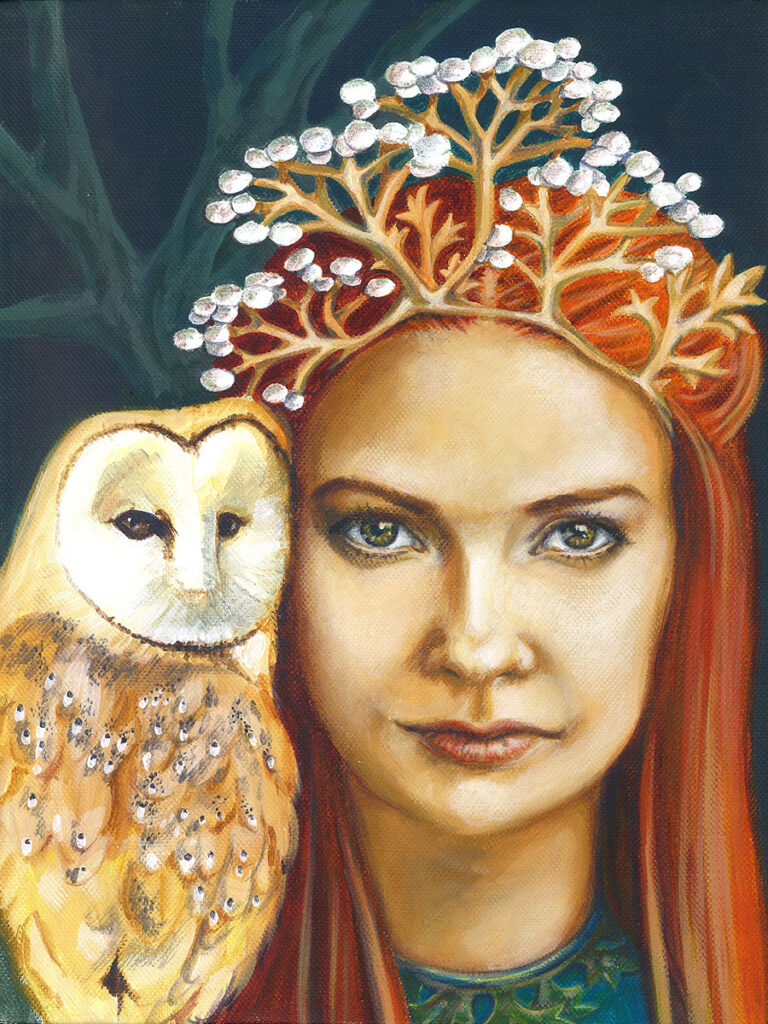 Une Shaman avec sa chouette sur l'épaule, sa chevelure rousse est retenue par une couronne faite de branches et de perles nacrées. Sa chouette aux couleurs chaudes représente la sagesse et le mystère de la nuit. Leurs yeux perçants vous fixent jusqu'à obtenir la vérité.