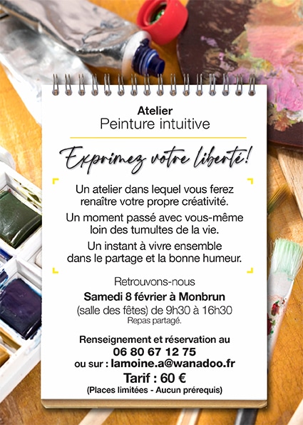 Affiche annonçant l'atelier de peinture intuitive le 8 février 2025 à Monbrun (Gers)