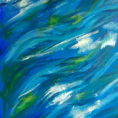 Toile sur fond bleu, travail en mouvement avec quelques touches blanches te vertes, effet mouvement d'eau.