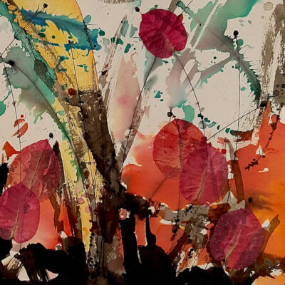 Travail à l'encre noire et couleur sur papier blanc avec collage de feuilles de bougainvillier.