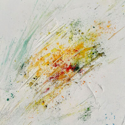Tableau sur toile sur fond blanc, éclaté de couleurs en acrylique, travaillé au couteau