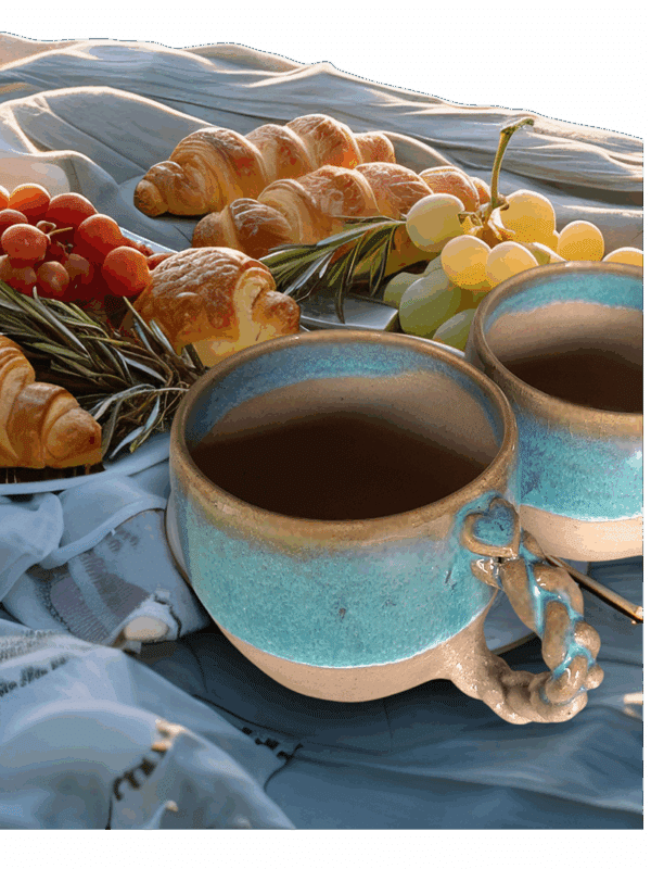 Duo.Petit déjeuner amoureux. En grès clair, émaillé de transparent, cette tasse est bordée d'un liseré couleur terre accompagné d'un bandeau dans les tons bleus céleste. Sa anse vous offre un joli cœur sur une base tressée.