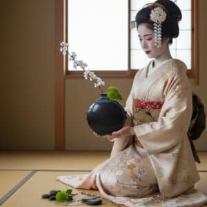 Vue face noire dans une ambiance japonaise. Dans la collection des "Elégantes", vase en grés émaillé Eclipse tenu par une geisha. Céramique aux 2 couleurs turquoise et noir avec effet de matière.