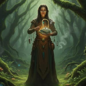 Chaman qui tient entre ses mains la théière "Dragon".