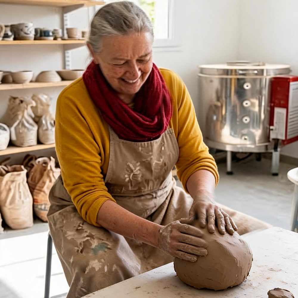 Agnès, sculptrice dans son atelier. Elle modèle une forme, les mains dans la terre. Elle est joyeuse. Entourée de lumière, mais aussi de tout son matériel.