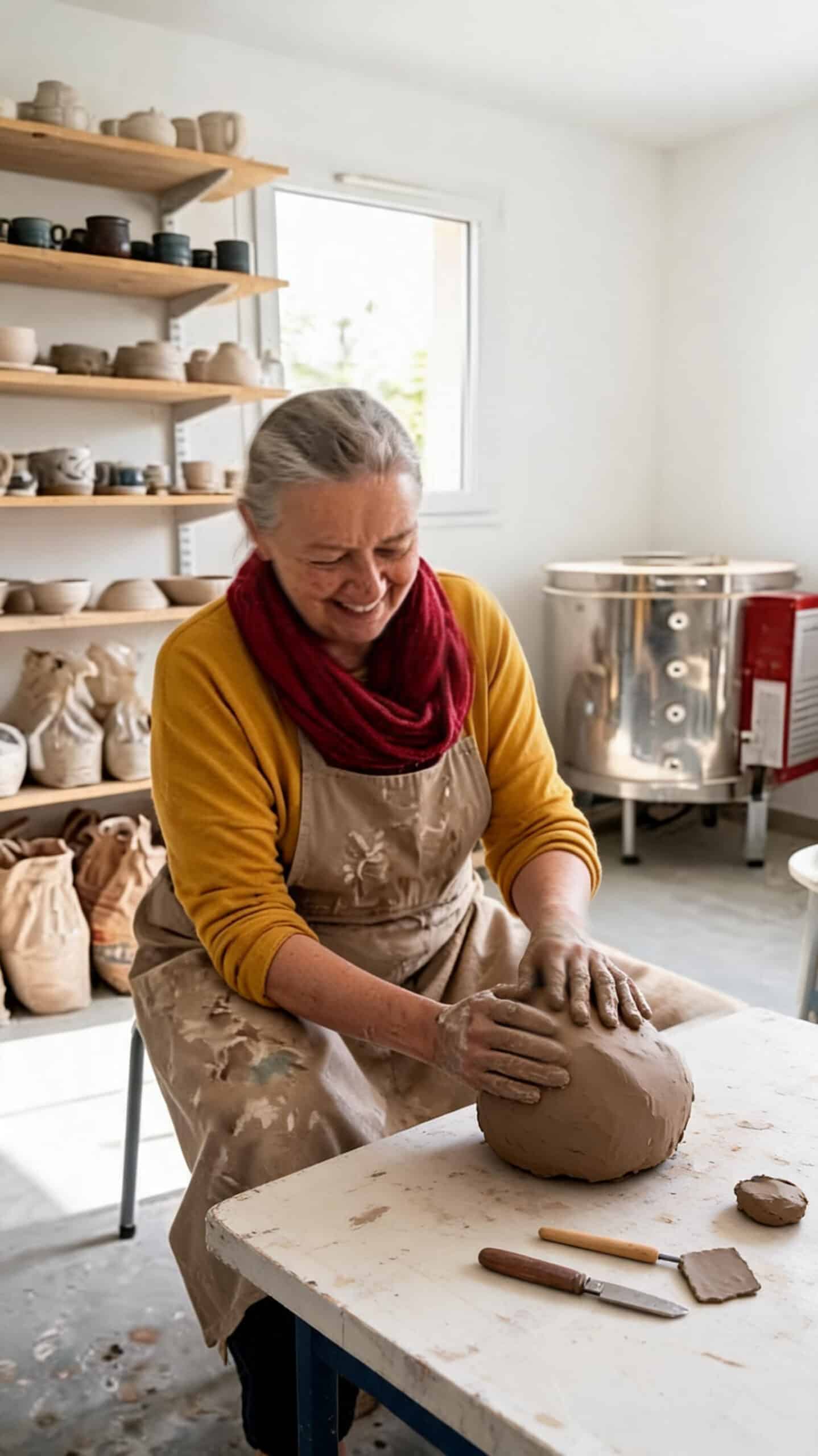Agnès, sculptrice dans son atelier. Elle modèle une forme, les mains dans la terre. Elle est joyeuse. Entourée de lumière, mais aussi de tout son matériel.